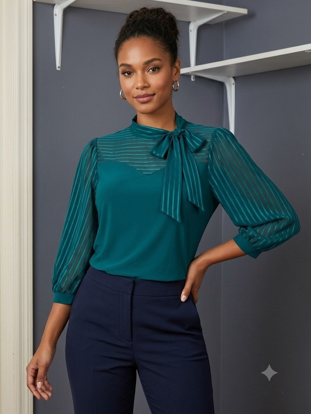 Teal Tie-Neck Sheer-Stripe Blouse